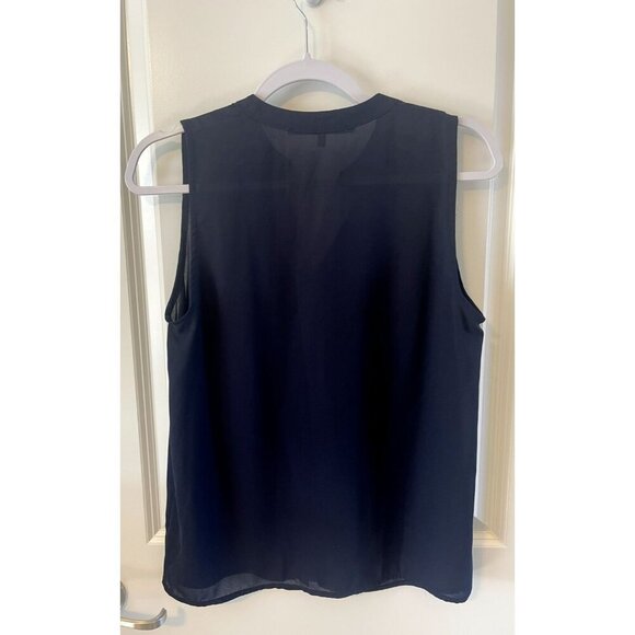 COLLECTIVE CONCEPTS Womens Navy Blue VNeck Button up S Sleeveless Blouse Chiffon - Picture 2 of 4